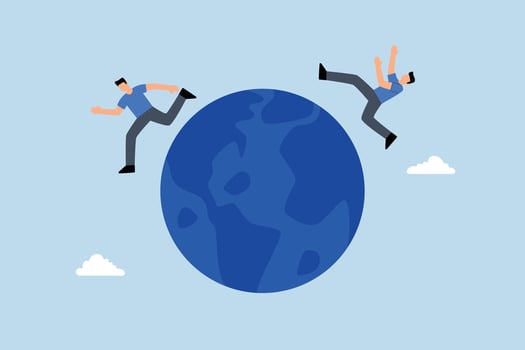 Global business competitor, merchant competes by escaping and catching each other on globe vector