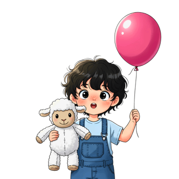 A boy holding a pink balloon and a sheep png