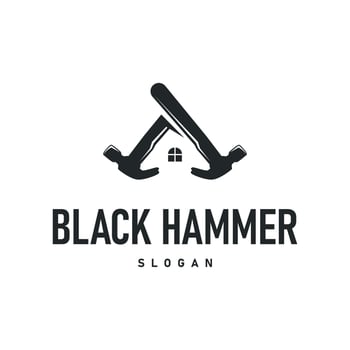 hammer logo design concept simple black silhouette hammer illustration building equipment brand symbol product and business vector