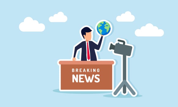 Businessman reading live news while holding a globe illustration of sharing information about global business development vector
