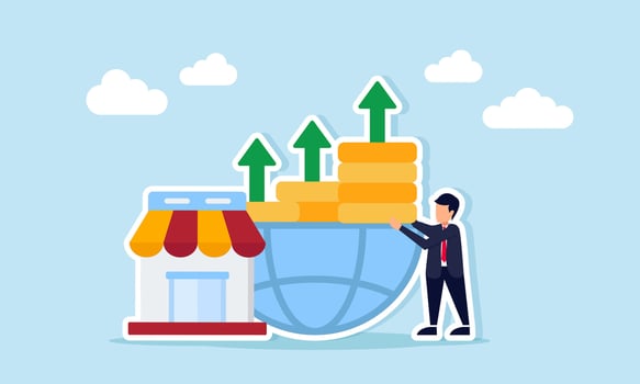 Businessman stacking coins on half a globe with a store illustration of financial risk management business marketplace global scale vector