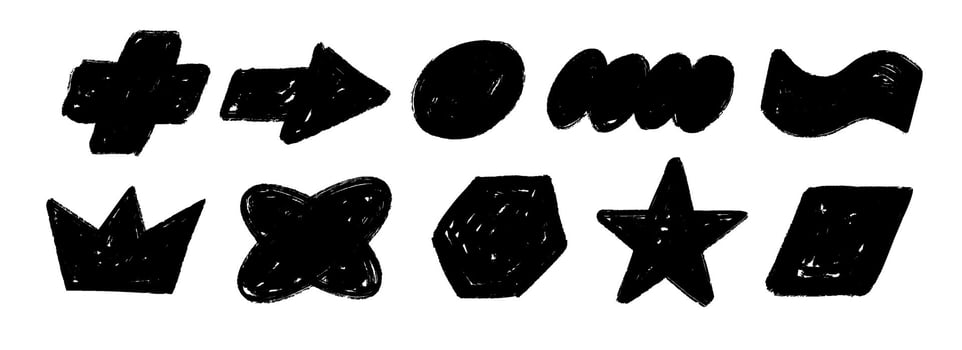 Black hand drawn crayon shape set. Charcoal geometric doodle collection. Black pastel pencil texture form pack for sticker, patch, badge. Childish sketch cross, crown, star, arrow elements vector