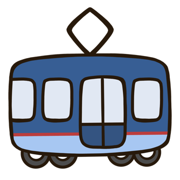 A cartoon of a blue tram with a red stripe on the side. png