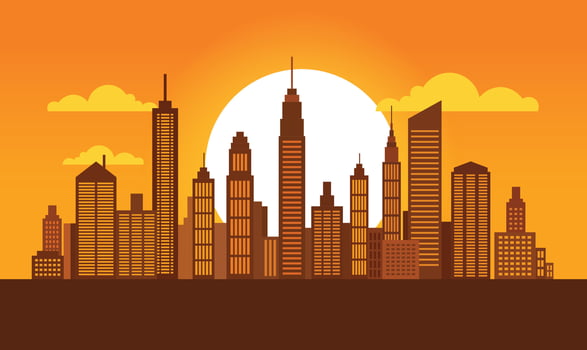 Cityscape in Evening Glow with Buildings Lit Against a Softly Darkening Urban Sky vector
