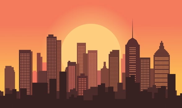 Cityscape in the Evening Glow with Buildings Lit Against a Softly Golden Urban Sky vector