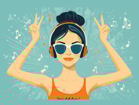 young woman in headphones smiling and enjoying music vector