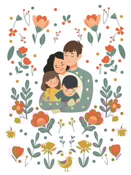 Happy family with dad, mom, daughter, and son illustration vector