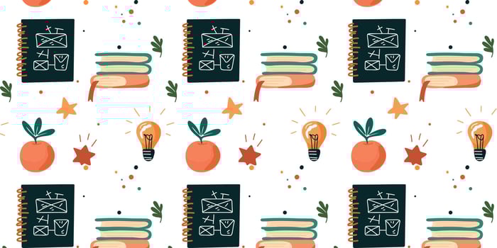 seamless pattern for education and creativity books, light bulbs, and board vector
