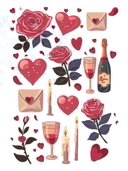set of love symbols hearts, roses, and champagne vector
