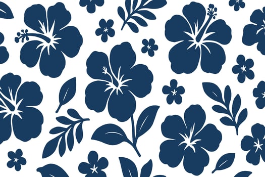 Hawaiian Hibiscus Floral Pattern in Navy Blue on White Background vector
