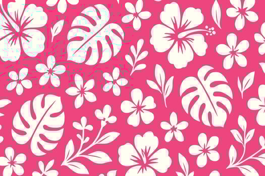 Tropical Pattern with White Hibiscus and Monstera Leaves on Hot Pink Background vector