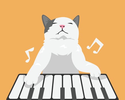 White cat pianist. Adorable white cat playing piano. Cartoon flat illustration. vector