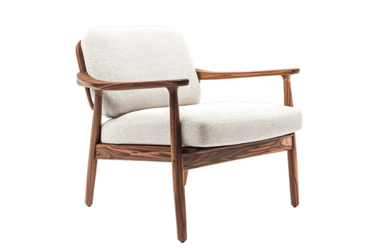 Modern chair with wooden frame and beige upholstery isolated on white. png