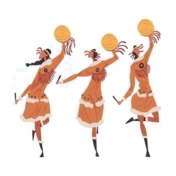 Native American Indian Ritual Dance, Three Young Women Dancing with Tambourines Wearing Traditional Dress Cartoon Style Illustration vector