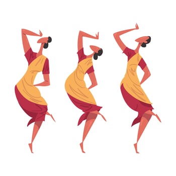 African Ritual Dance, Three Young Women Dancing Wearing Traditional Costumes Cartoon Style Illustration vector