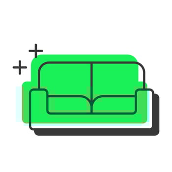 Sofa offset shadow line icon. Home furniture. House interior. Living room couch. Decoration, comfort. Bold outline symbol with solid green fill. Modern flat illustration. Editable stroke vector