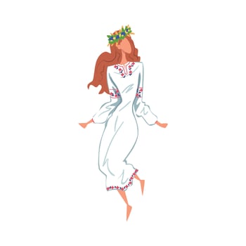Pagan Ritual Dance, Beautiful Slavic Girl Dancing Wearing Traditional White Dress and Wreath of Flowers Cartoon Style Illustration vector