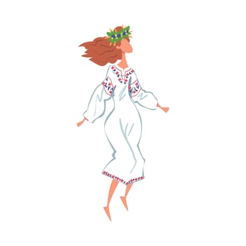 Pagan Ritual Dance, Slavic Girl Performing Folk Dance Wearing Traditional Dress and Wreath of Flowers Cartoon Style Illustration vector