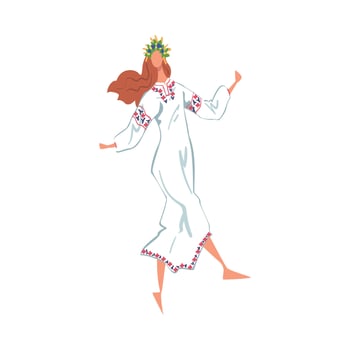 Pagan Ritual Dance, Beautiful Slavic Girl Performing Folk Dance Wearing Traditional White Dress and Wreath of Flowers Cartoon Style Illustration vector