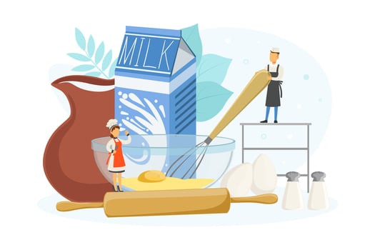 Restaurant Team Whipping Dough, Tiny Chef Characters in Uniform and Cap Cooking in Kitchen Illustration vector
