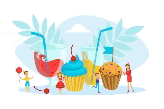 Kids Celebrating Birthday, Cute Tiny Boy and Girl Having Fun While Standing at Huge Cupcakes and Glasses of Juice Cartoon Illustration vector