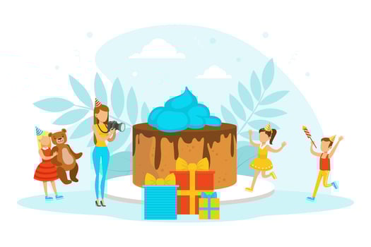Tiny Kids Celebrating Birthday, Cute Boy and Girls Having Fun and Photographing at Festive Cake Cartoon Illustration vector