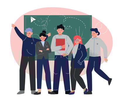 Group of Students Standing Together in Front of Blackboard, Teenage Boys and Girls in Uniform in Classroom Illustration vector