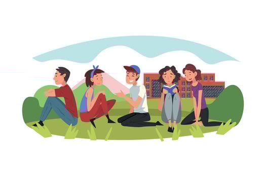 Male and Female Students Sitting on Green Grass, People Talking to Each Other on Summer Landscape Illustration vector