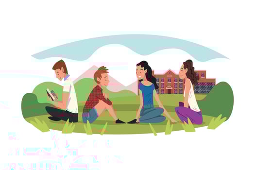 Male and Female Students Sitting on Green Lawn, People Talking to Each Other in front of College Building Illustration vector