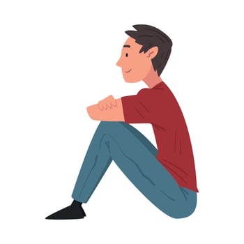 Guy in Casual Clothes, Male Student Sitting on Lawn, Side View Cartoon Illustration vector