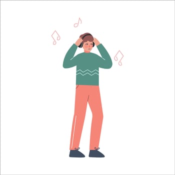 Guy Wearing Earphones Listening to Music, Person Relaxing, Reducing and Managing Stress Cartoon Style Illustration vector