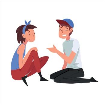 Students in Casual Clothes Sitting on Lawn, Boy and Girl Talking to Each Other Illustration vector