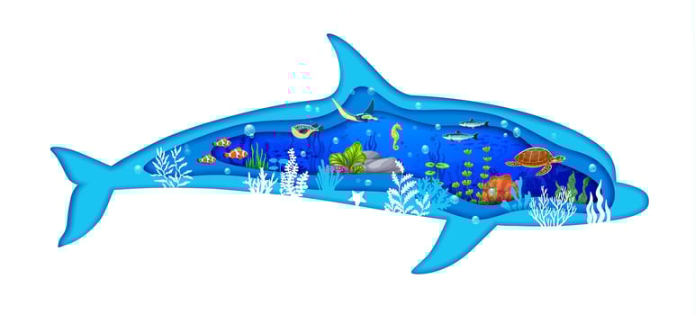 Dolphin silhouette, paper cut underwater landscape vector