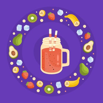 Vegan Raw Detox Smoothie, Tasty Nutritious Vitamin Drink in Mason Cup or Jar Cartoon Illustration vector