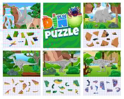 Kids jigsaw logic game with prehistoric dinosaurs vector