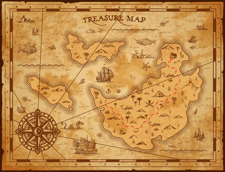 Vintage map of pirate treasures island and compass vector