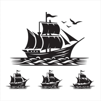 Chinese Junk Boat set Sailing Silhouette Nautical Illustration vector