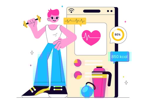 Illustration of People Using Virtual Fitness App for Online Classes and Wellness Goals vector