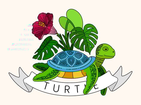 Turtle illustration in vintage line art style with taro leaves, monstera, and hibiscus flowers, capturing the essence of tropical summer beach life. Perfect for summer cards, posters, websites vector