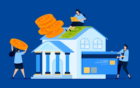 Illustration of a central bank building with people applying for debt and seeking lower loan interest, suitable for banking websites, loan services, and financial education resources. vector