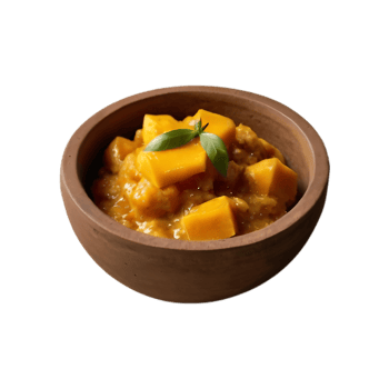 A bowl filled with golden-yellow mango chutney png