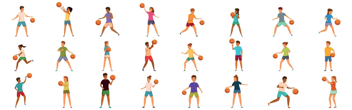 Children playing basketball icons set. Basketball players holding, passing, and shooting balls, diverse team in action vector