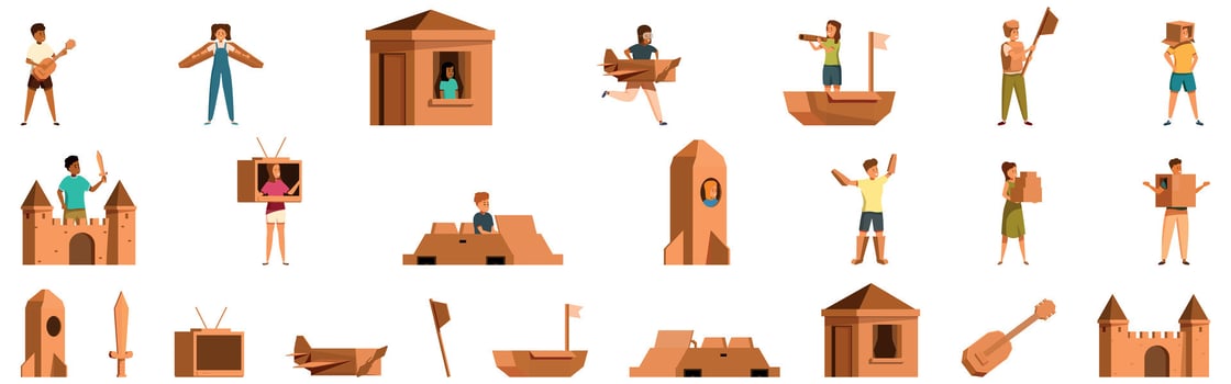 Kids cardboard boxes icons set. Children playing with cardboard boxes, unleashing creativity and imagination vector