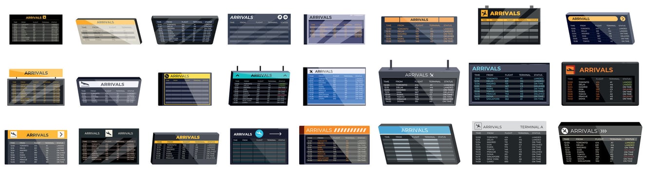Arrival airport board icons set. Airport arrivals board showing scheduled flight information vector