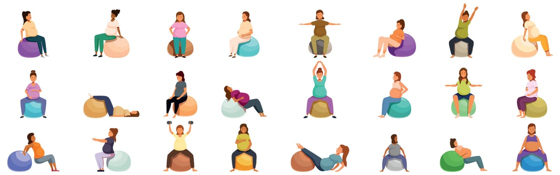Mother sitting fitness ball icons set. Pregnant women exercising with fitness balls, maintaining health and wellness during pregnancy vector