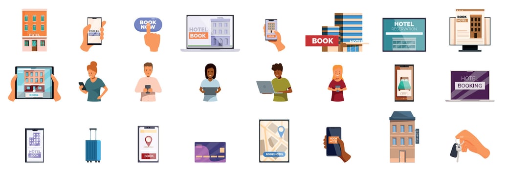 Online hotel booking icons set. Tourists booking hotel rooms using various online services and mobile apps vector