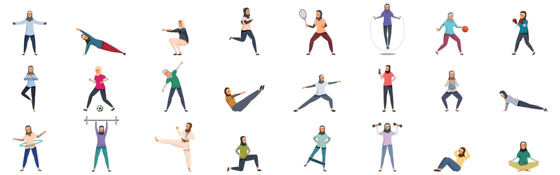 Hijab girl training icons set. Young muslim women doing different sports and exercises wearing hijab vector