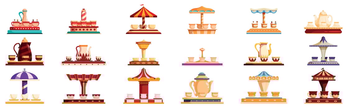 Tea cup carousel icons set. Teacup ride carousel icons showing rotating tea cups and teapots in amusement park vector