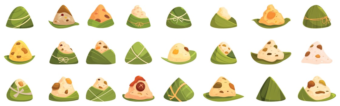 Sticky rice dumpling icons set. Zongzi collection, celebrating the dragon boat festival with delicious rice dumplings vector