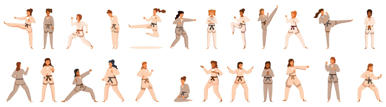 Woman kimono training icons set. Female karate fighters performing different kicks and punches poses vector